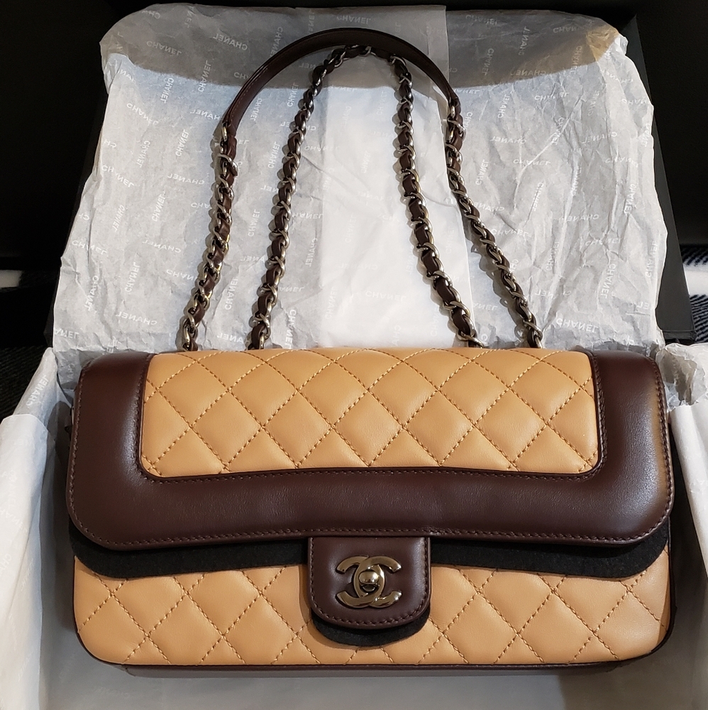 CHANEL Tan With Brown Trim & Ruthenium Metal